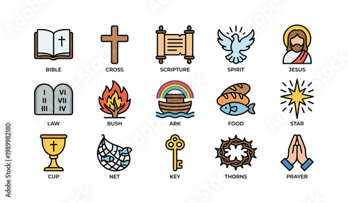 Religious icons showing christian symbols and biblical objects