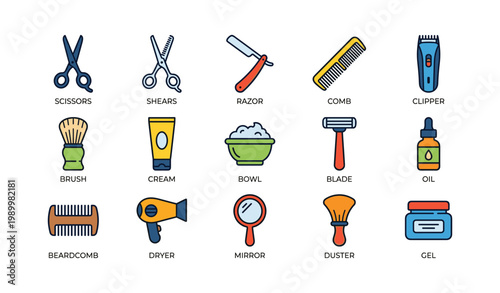 Barber and grooming tools icons arranged on white background