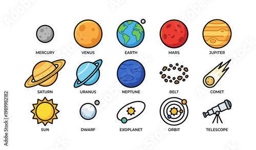 Planets and space objects arranged in rows on white background