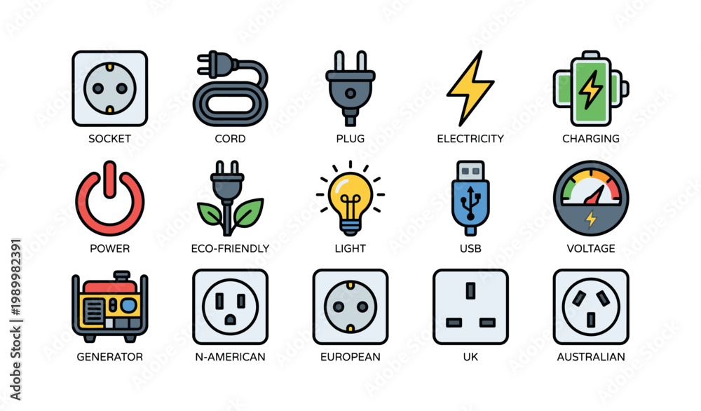 Fototapeta premium Electrical icons showing plugs and sockets in grid layout