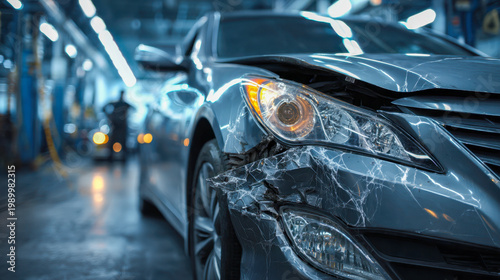 Damaged front headlight and fender of a dark gray sedan in an indoor automotive repair shop with a blurred mechanic in the background working on vehicles