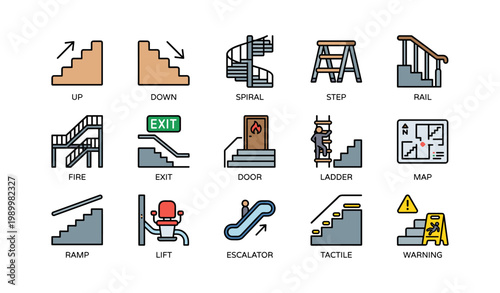 Stairs and access icons showing steps ramps and safety features