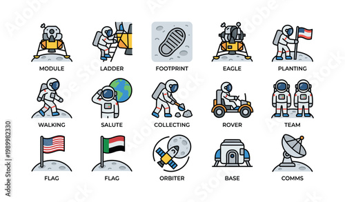 Moon landing and astronaut icons arranged in grid on white background