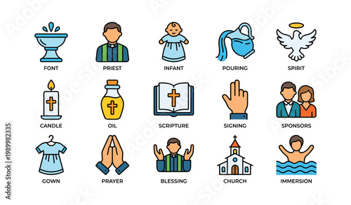Baptism icons depicting ritual elements in church setting