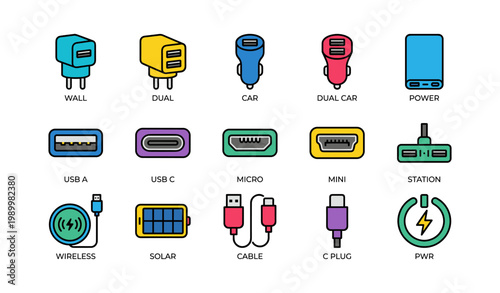 Power and charging icons showing connectors and adapters on white