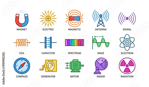 Magnetism and electromagnetic concept icons on white background