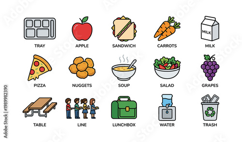School lunch food items and cafeteria elements on white background
