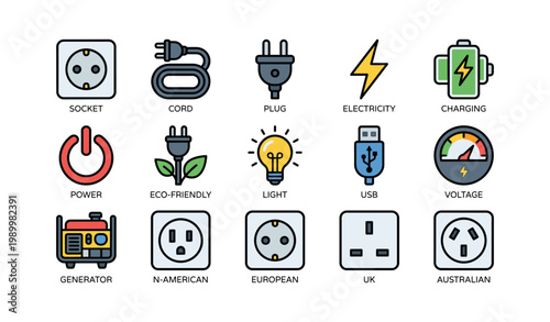 Electrical icons showing plugs and sockets in grid layout