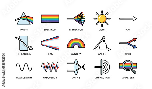 Prism and light icons illustrating spectrum and optics on white