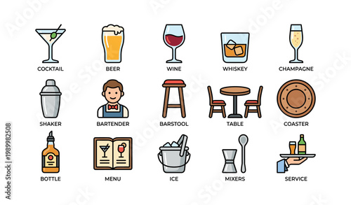 Bar and drink icons illustrating beverages and service on white