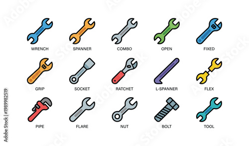 Wrench and spanner tool icons arranged in grid on white
