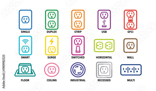 Power outlet icons showing multiple receptacle types on white
