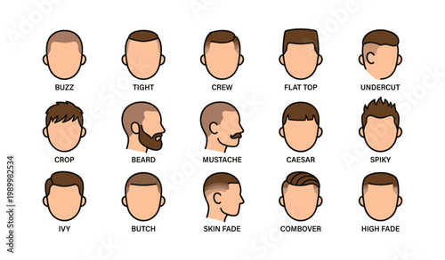 Men haircut icons displaying various styles in grid layout