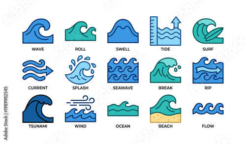 Ocean and wave icons representing surf and sea conditions