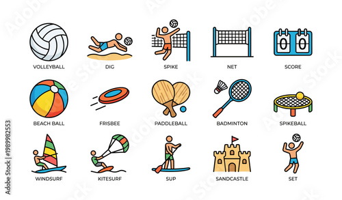 Beach sports icons showing volleyball and water activities on white