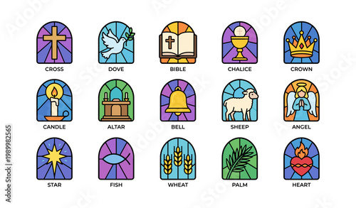 Christian symbol stained glass icons arranged in grid