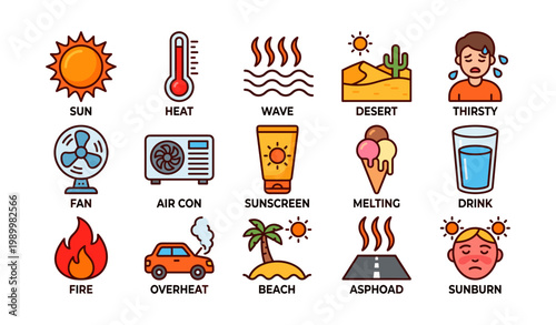 Heat and sun hazard icons arranged in grid on white