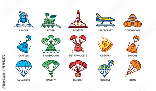 Spacecraft reentry and parachute icons arranged on white