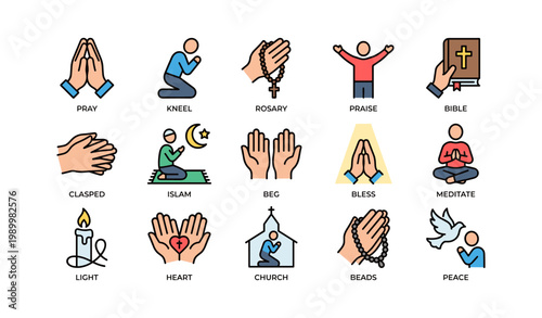 Prayer and worship icons grid displayed on white background