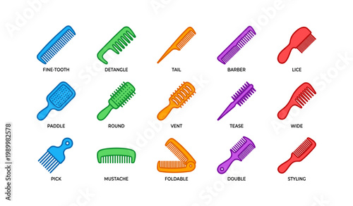 Hair comb icons showing various comb types and styling tools