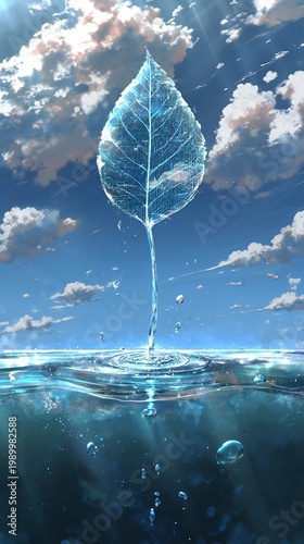 Translucent digital leaf with circuitry rising from water no people