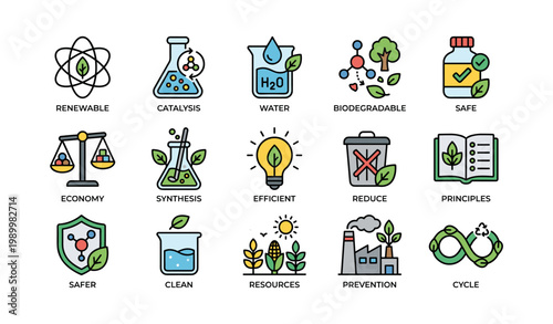 Green chemistry icons showing sustainable concepts on white