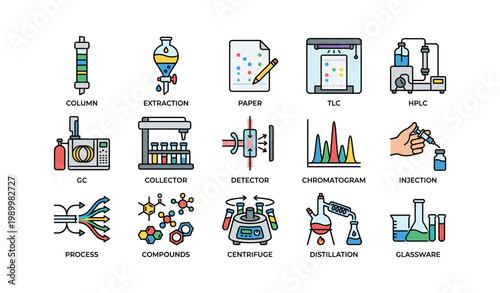 Laboratory equipment icons arranged in grid on white background