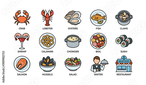 Seafood items displayed and labeled on white background