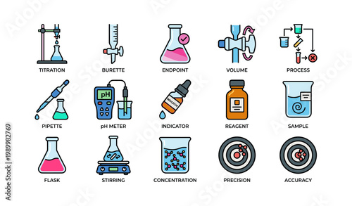 Laboratory equipment and titration icons on white background