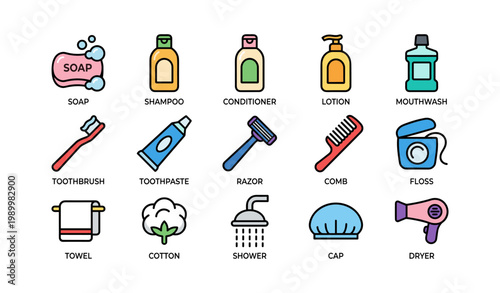 Toiletry icons showing personal care items on white background