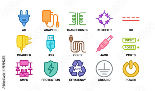 Electrical power and charging icons showing adapters and ports