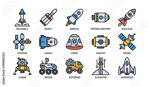 Rockets and spacecraft icons depicting probes and modules