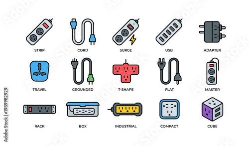 Power strips cords and adapters icons arranged in grid