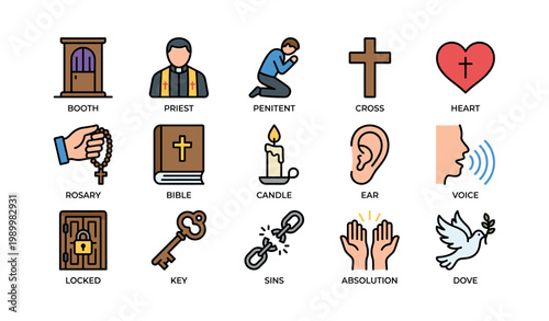 Religious confession symbols depicting sacrament elements on white