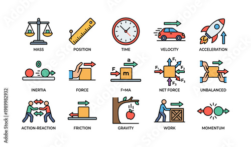 Physics concept icons illustrating forces and motion on white