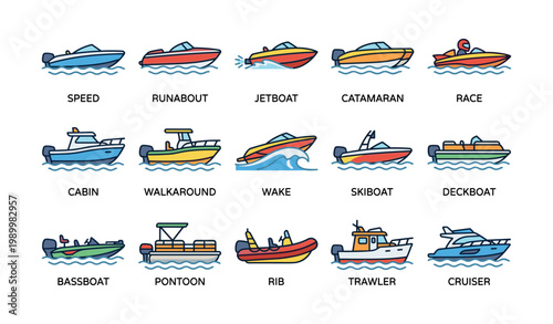 Various boat and watercraft icons arranged in grid on white background