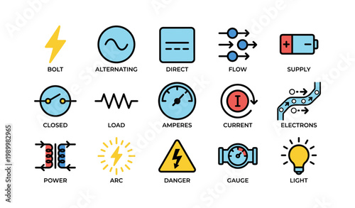 Electrical and power icons representing current and supply