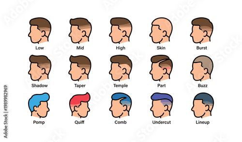 Men profiles showing haircut types and taper styles in grid