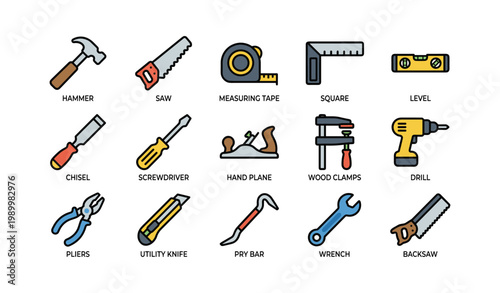 Woodworking tool icons showing hand tools and measuring instruments