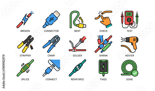 Cable repair icons illustrating wire splicing and connector fixing