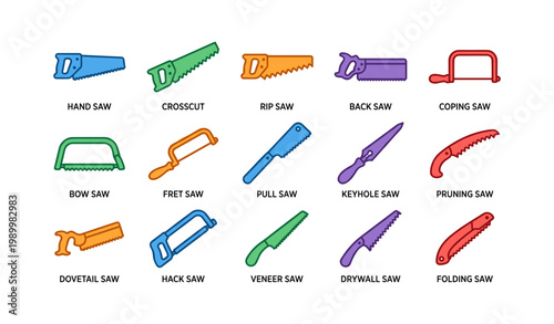 Various hand saw icons showing different saw types on white background