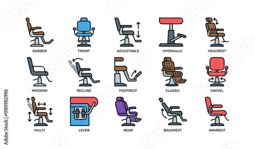 Barber and salon chair icons showing adjustable features on white