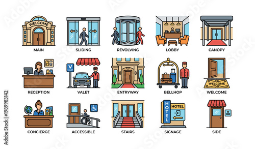 Hotel entrance and lobby icons displayed on white background