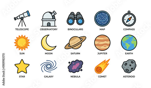 Astronomy icons of celestial objects and tools on white background