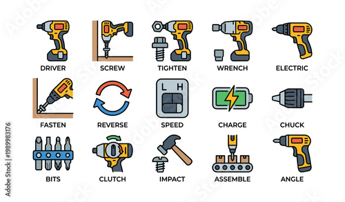 Cordless drills and fastening tool icons on white background
