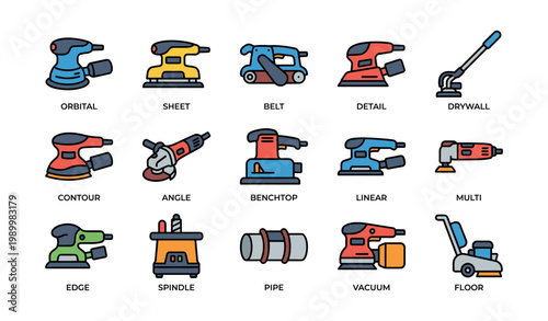 Power sanders and sanding tools icons on white background