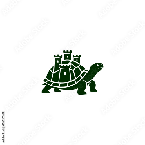 A vector illustration on white background depicting a walking turtle with its shell integrated as a medieval castle with crenellated turrets