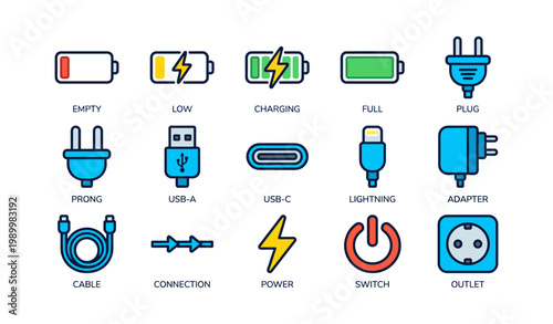Battery and charging icons showing connectors and power symbols