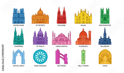 Famous cathedral icons showing european church landmarks and elements