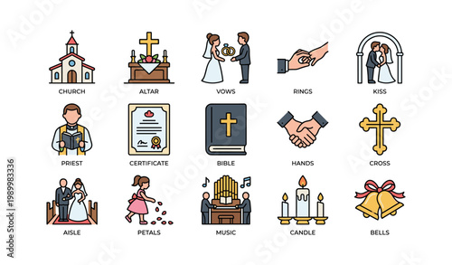 Wedding and ceremony icons arranged in grid on white background